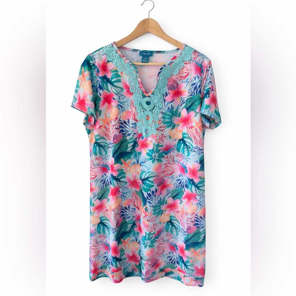 Caribbean Joe Turquoise Crochet Tropical Floral Swim Coverup